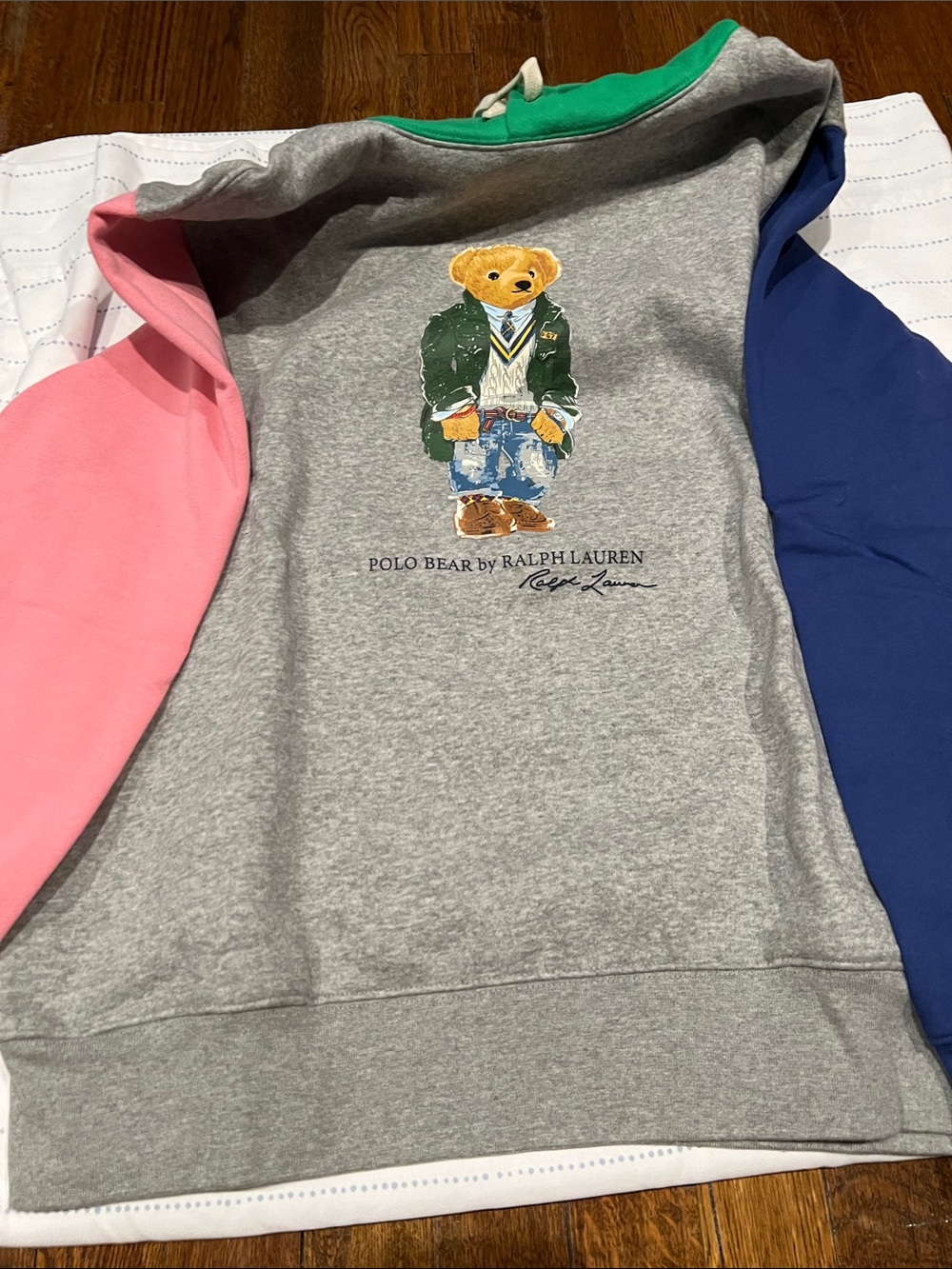 Authentic Ralph Lauren Gray Polo Bear Hoodie with Pink, Blue & Green Accents